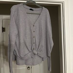 Grey waffle knit tie front top